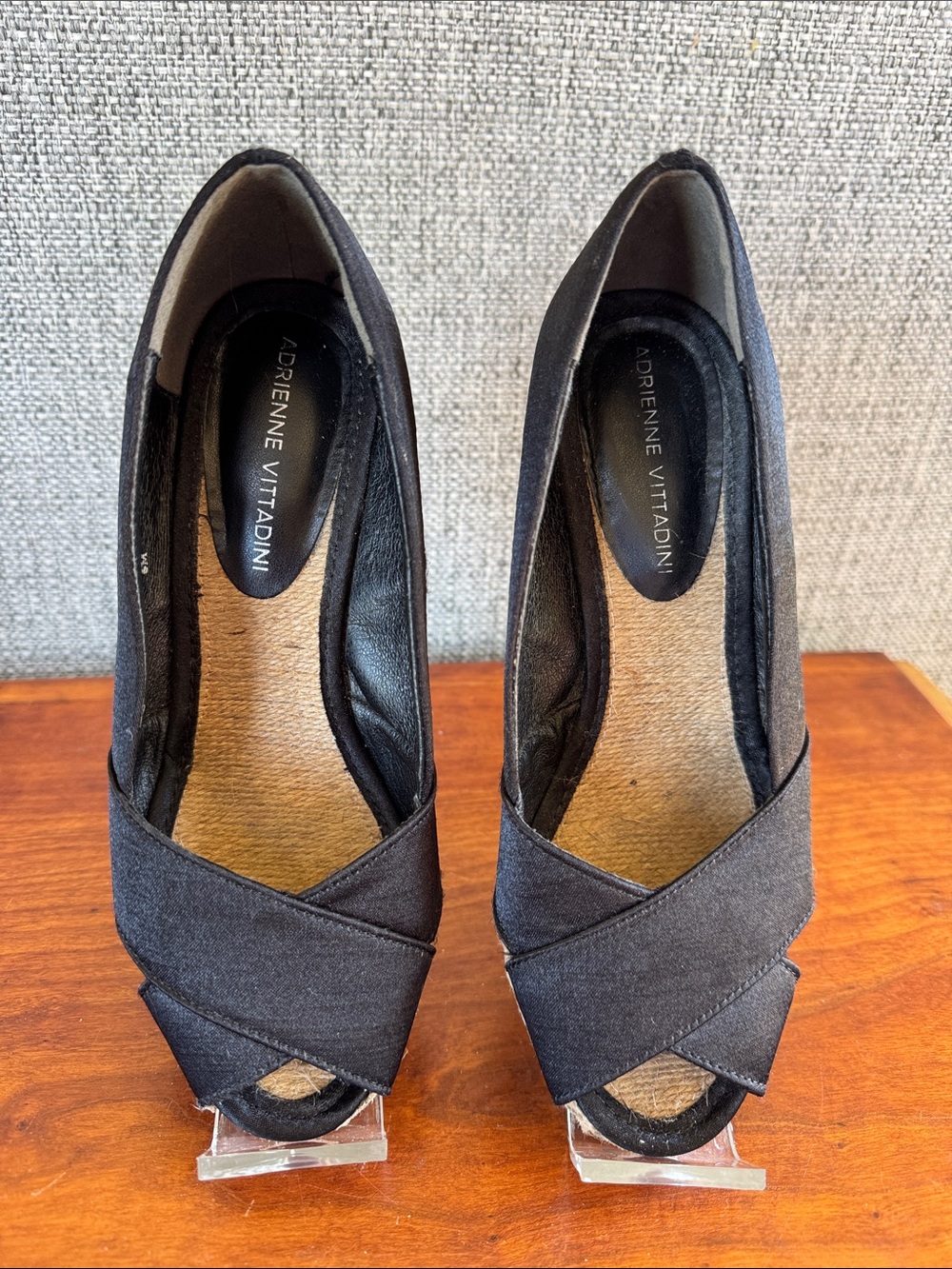 Adrienne Vittadini Bailee Black Espadrille Peep-Toe Wedge Shoes Size 6M